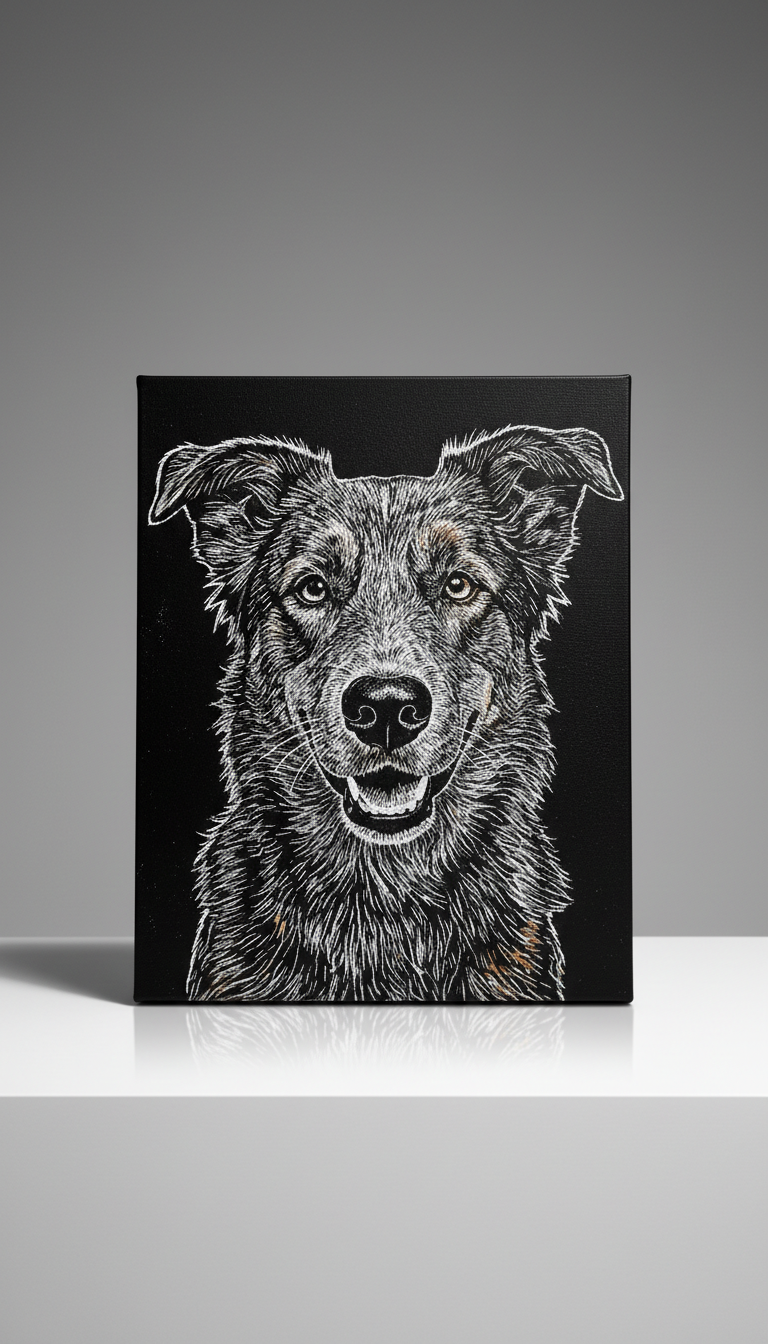 Scratch-art dog portrait on canvas