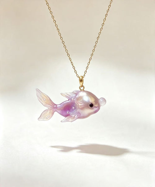 Baroque Pearl Goldfish Pendant · Iridescent Lavender Handcrafted Fish Charm, Artisan Resin Goldfish Necklace Accessory