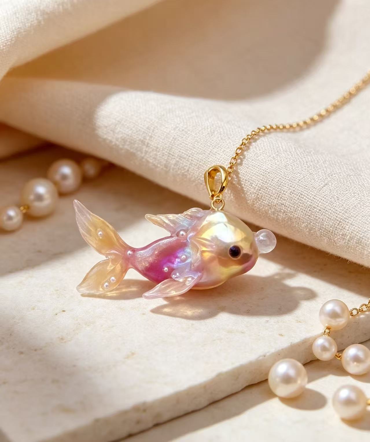 Baroque Pearl Goldfish Pendant · Iridescent Lavender Handcrafted Fish Charm, Artisan Resin Goldfish Necklace Accessory