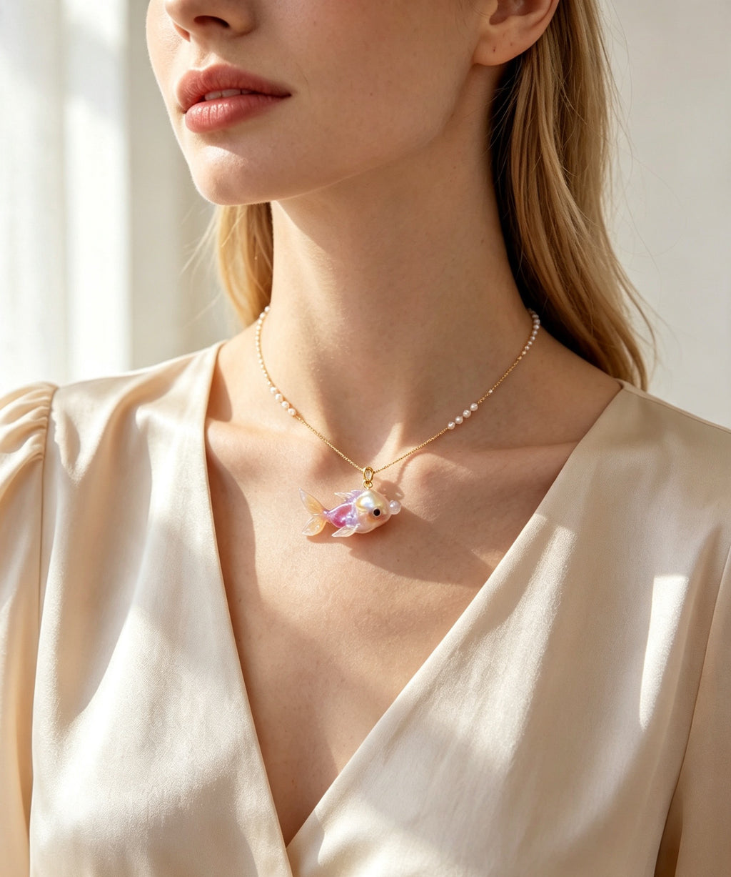 Baroque Pearl Goldfish Pendant · Iridescent Lavender Handcrafted Fish Charm, Artisan Resin Goldfish Necklace Accessory
