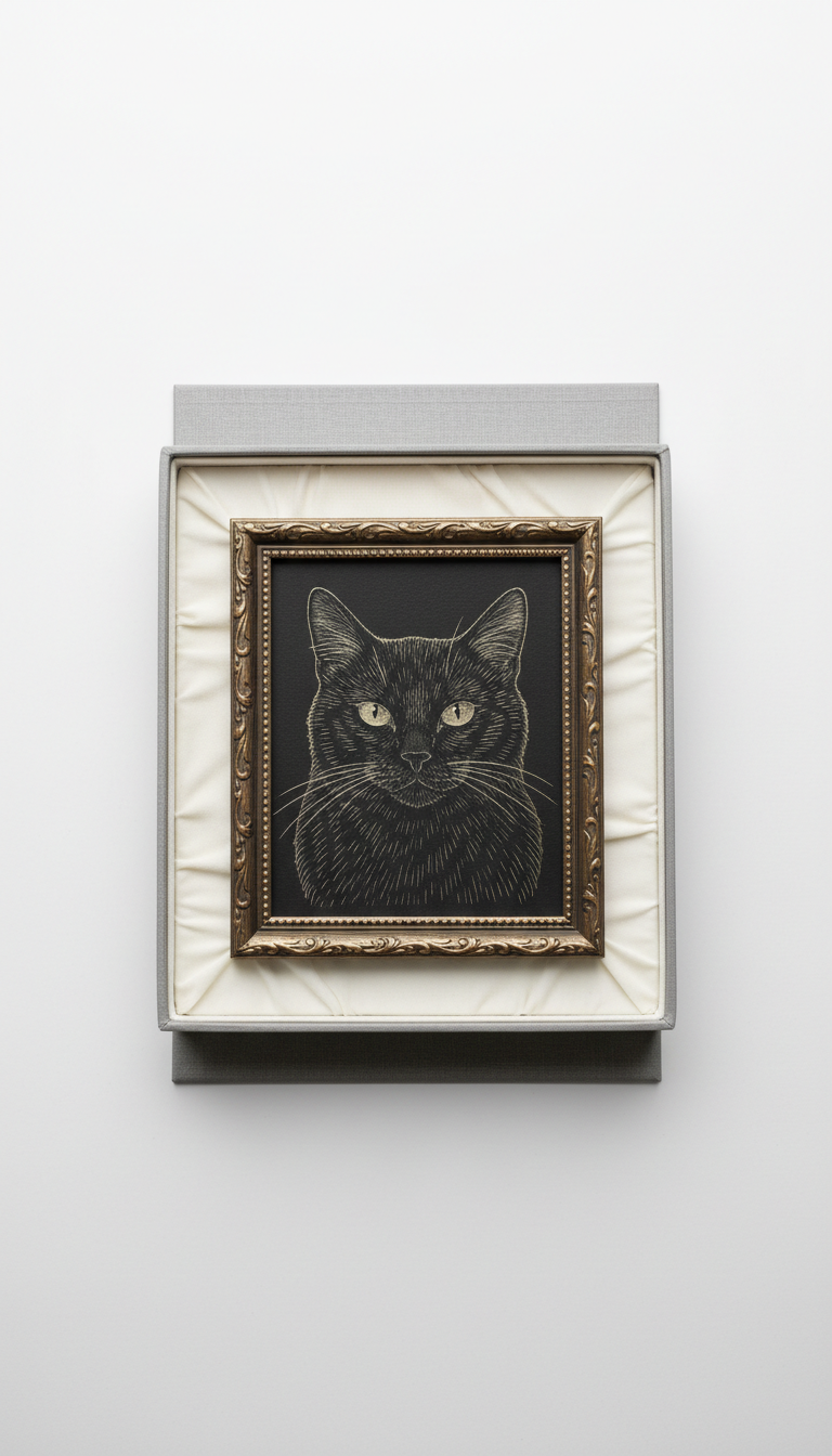 Scratch art cat portrait in gift box