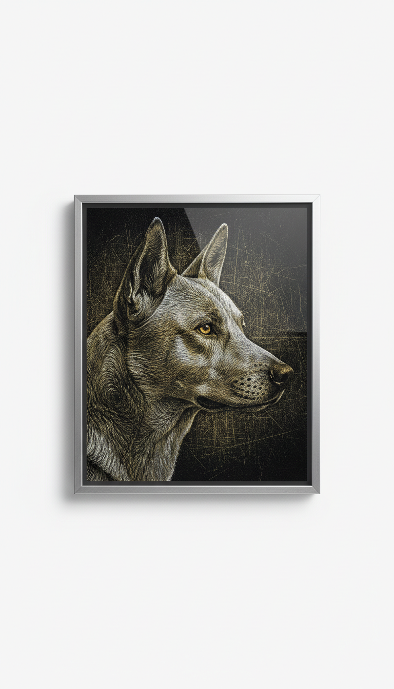 Custom dog scratch art with urban silver frame