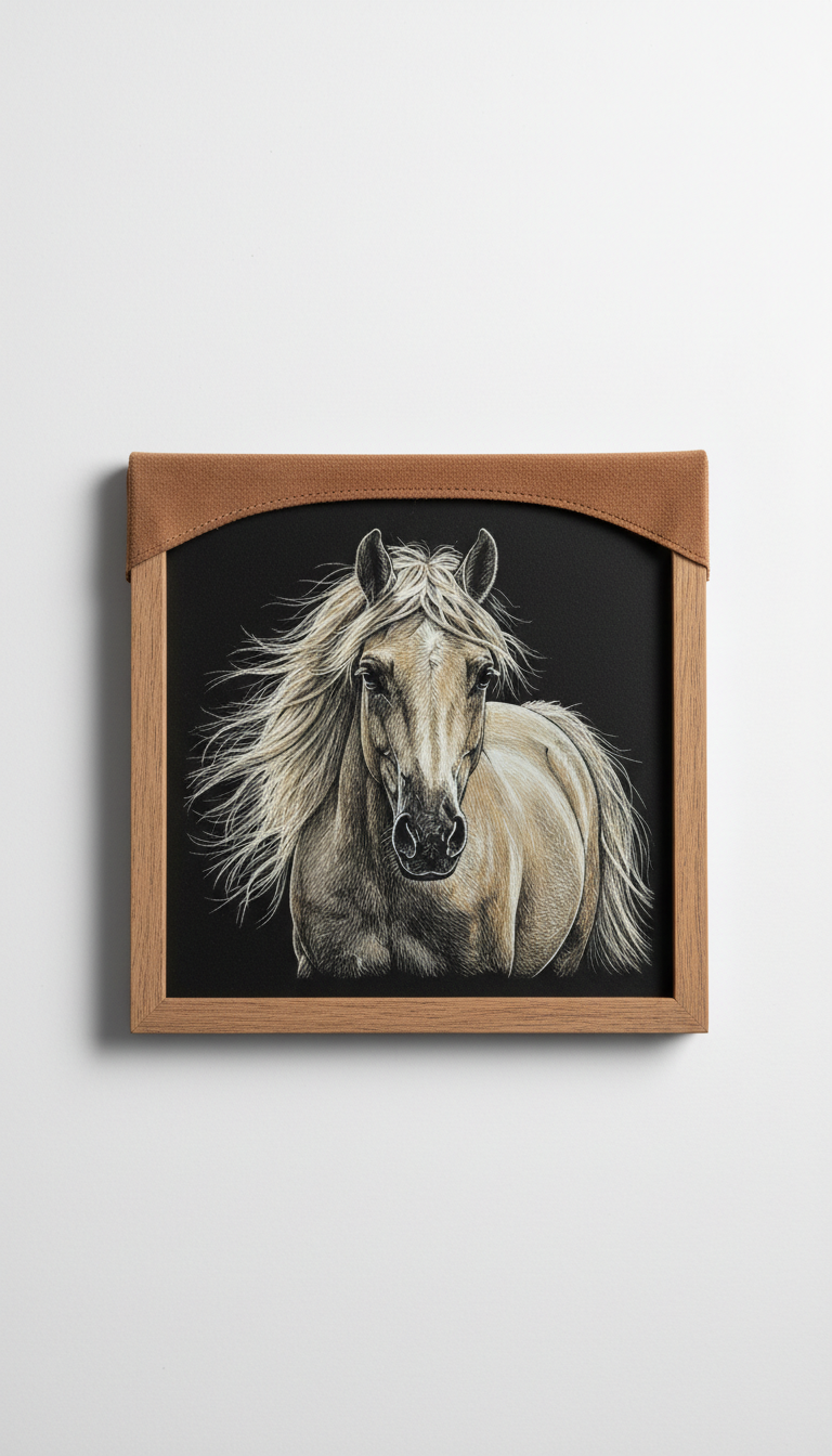 Scratch art horse portrait with suede sleeve