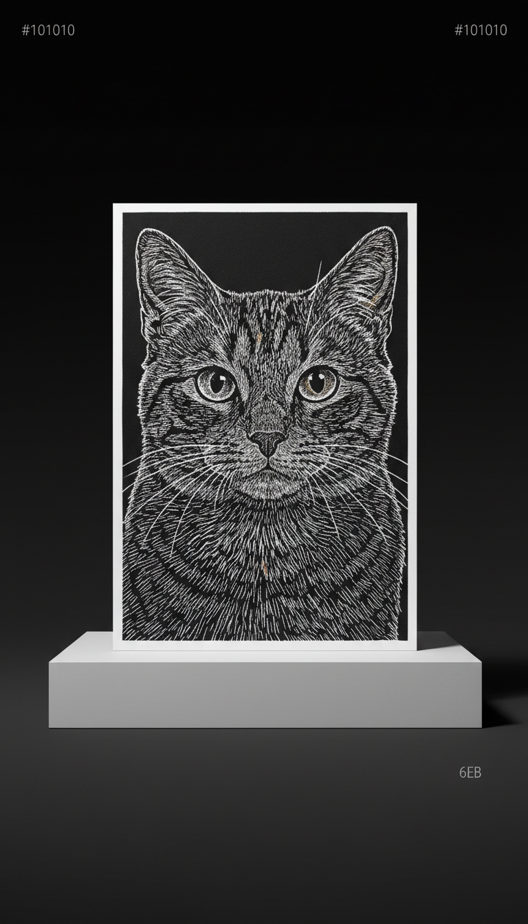 Scratch-art cat portrait on fine art paper