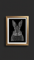 Scratch-art rabbit portrait in premium frame