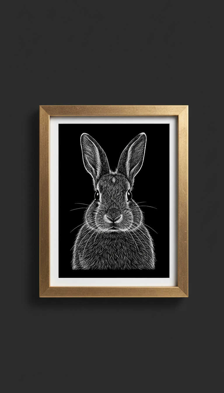 Scratch-art rabbit portrait in premium frame
