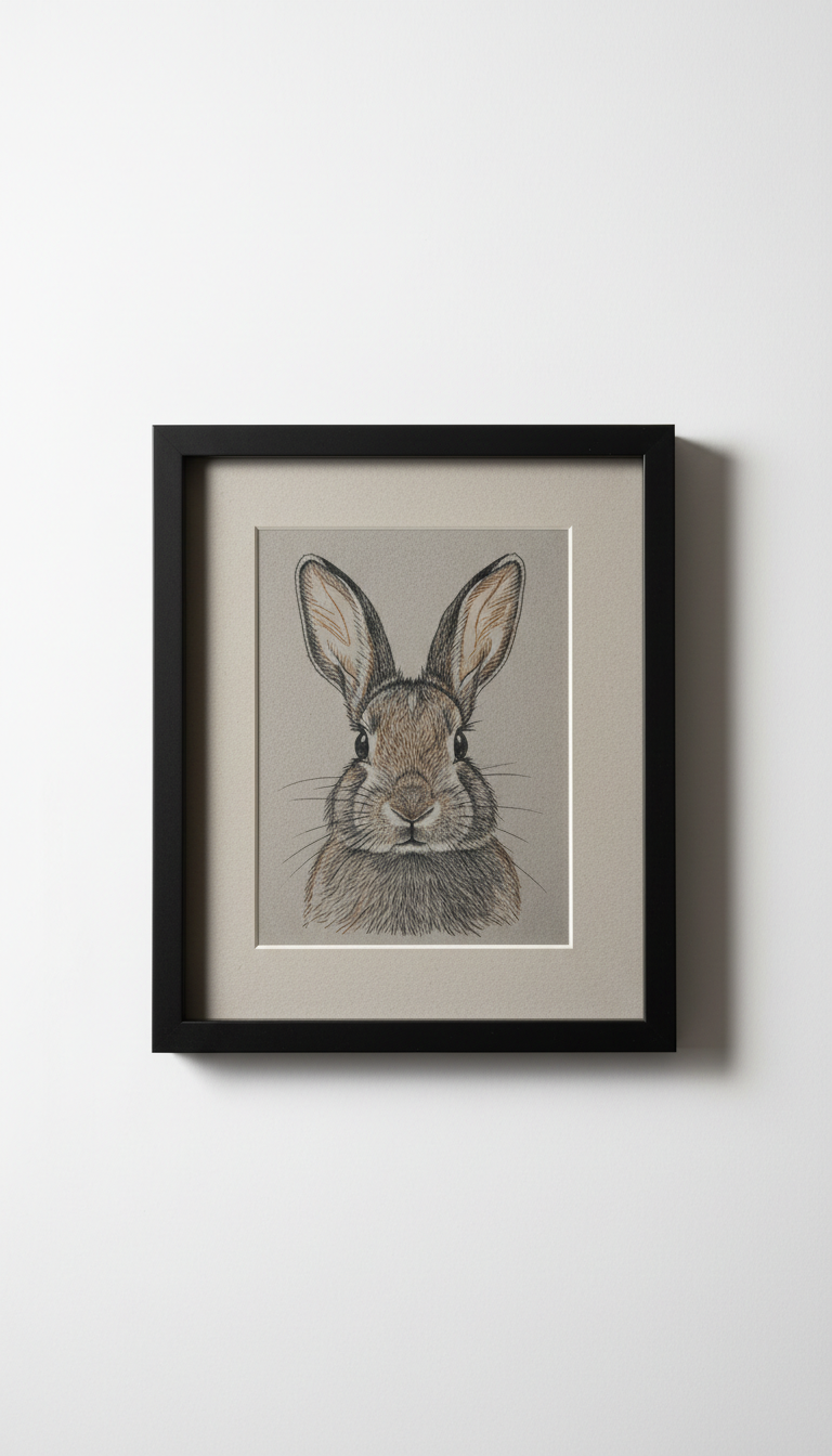 Scratch art rabbit portrait in black frame